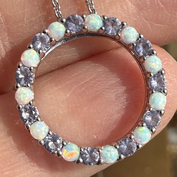 None Jewelry - Created Opal Natural Amethyst Circle Pendant Necklace 18 inches Sterling Silver